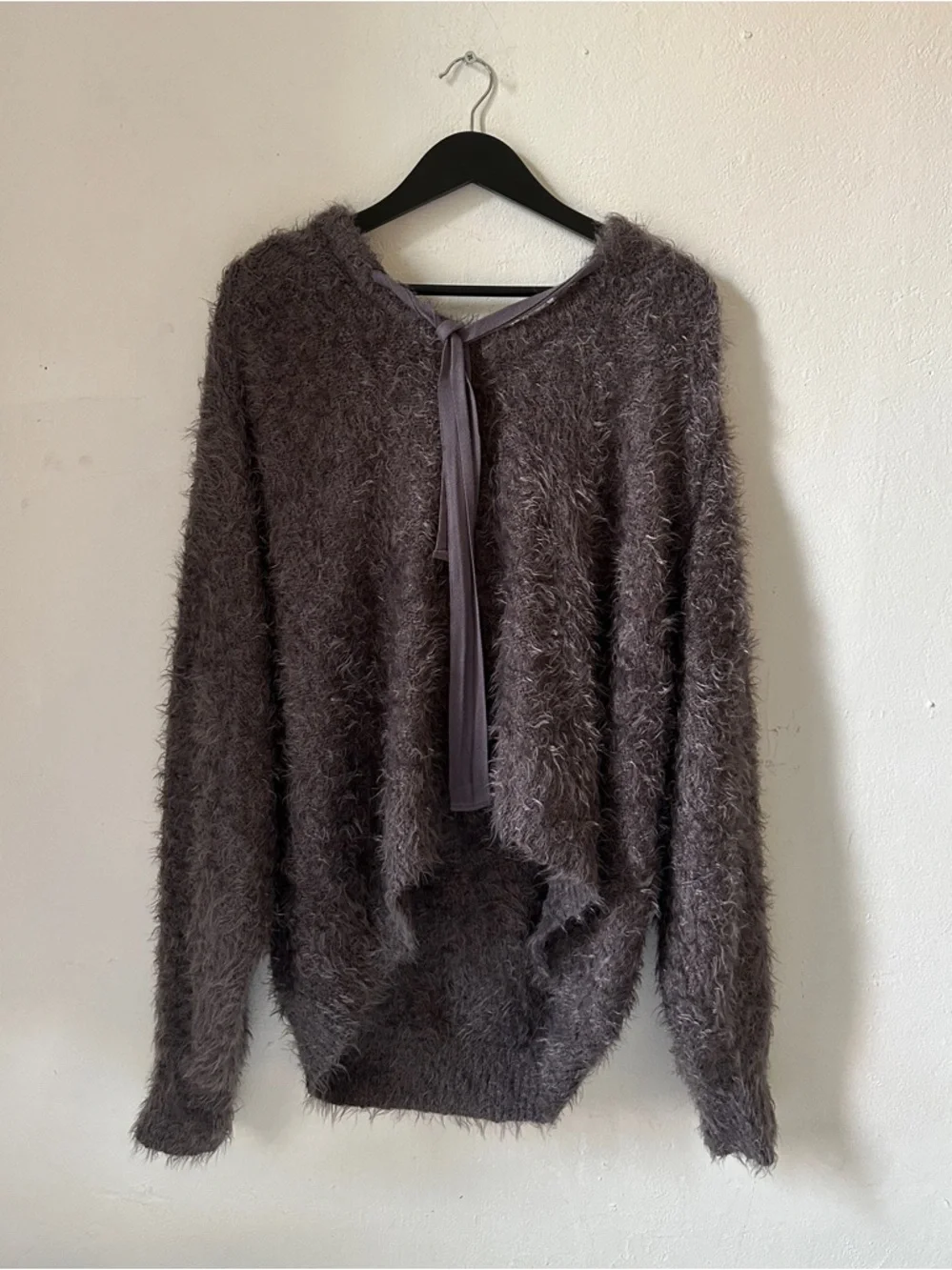 Free People Fuzzy Knit Sweater Womens L Oversized Gray Taupe Tie Neck Boho